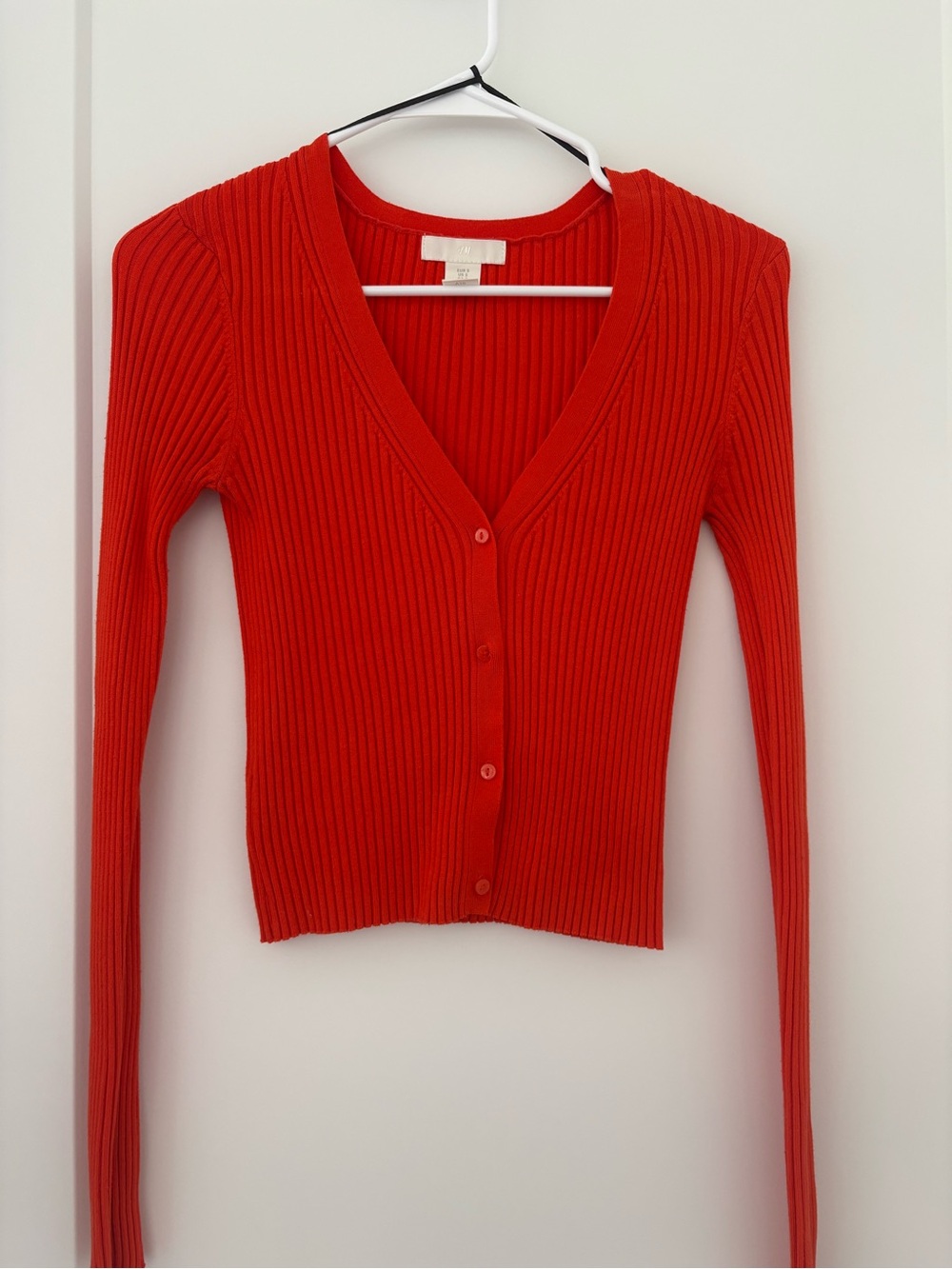 H&M Red Ribbed V-Neck Button-Up Cardigan